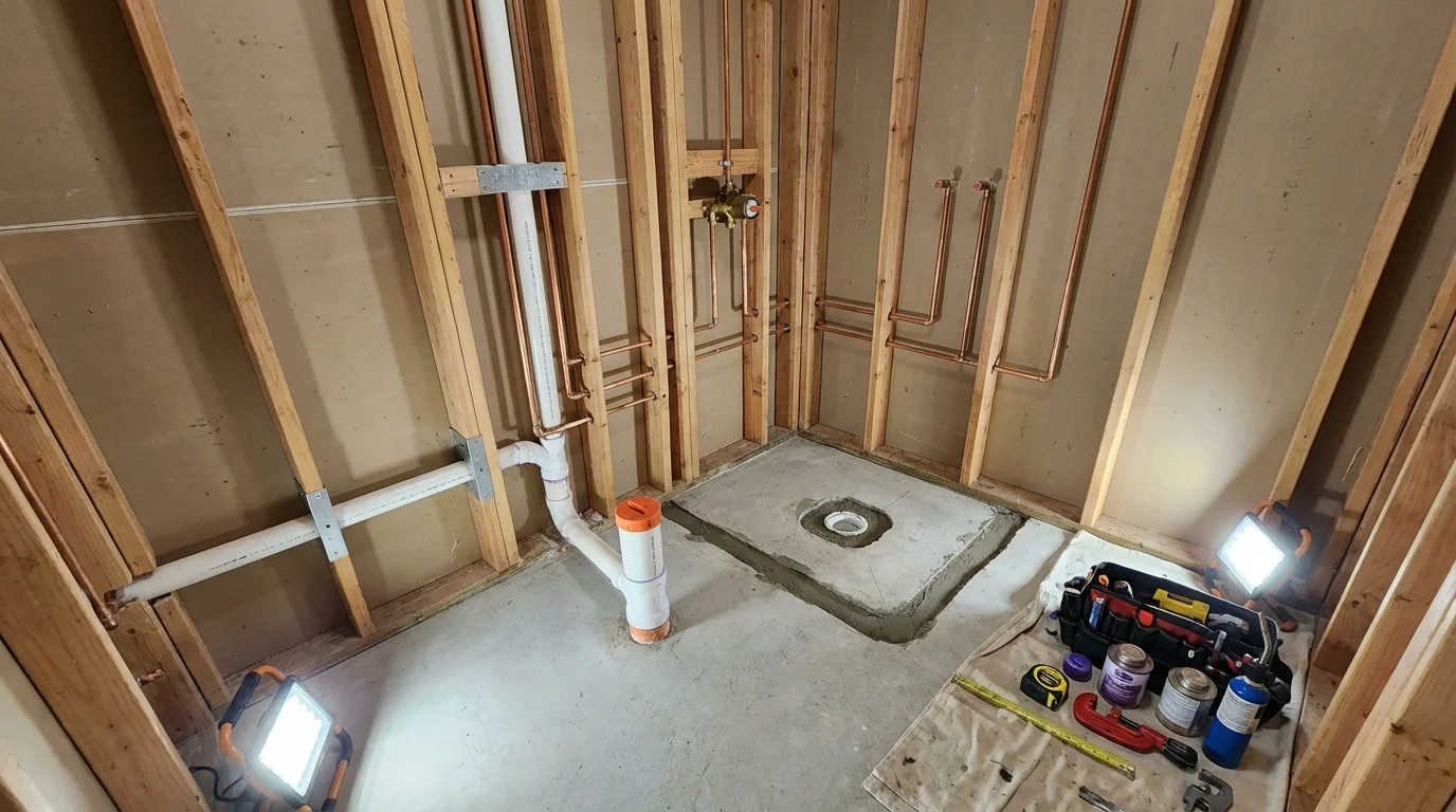 Bathroom rough-in plumbing during remodel by Johns Plumbing LLC in Glenrock