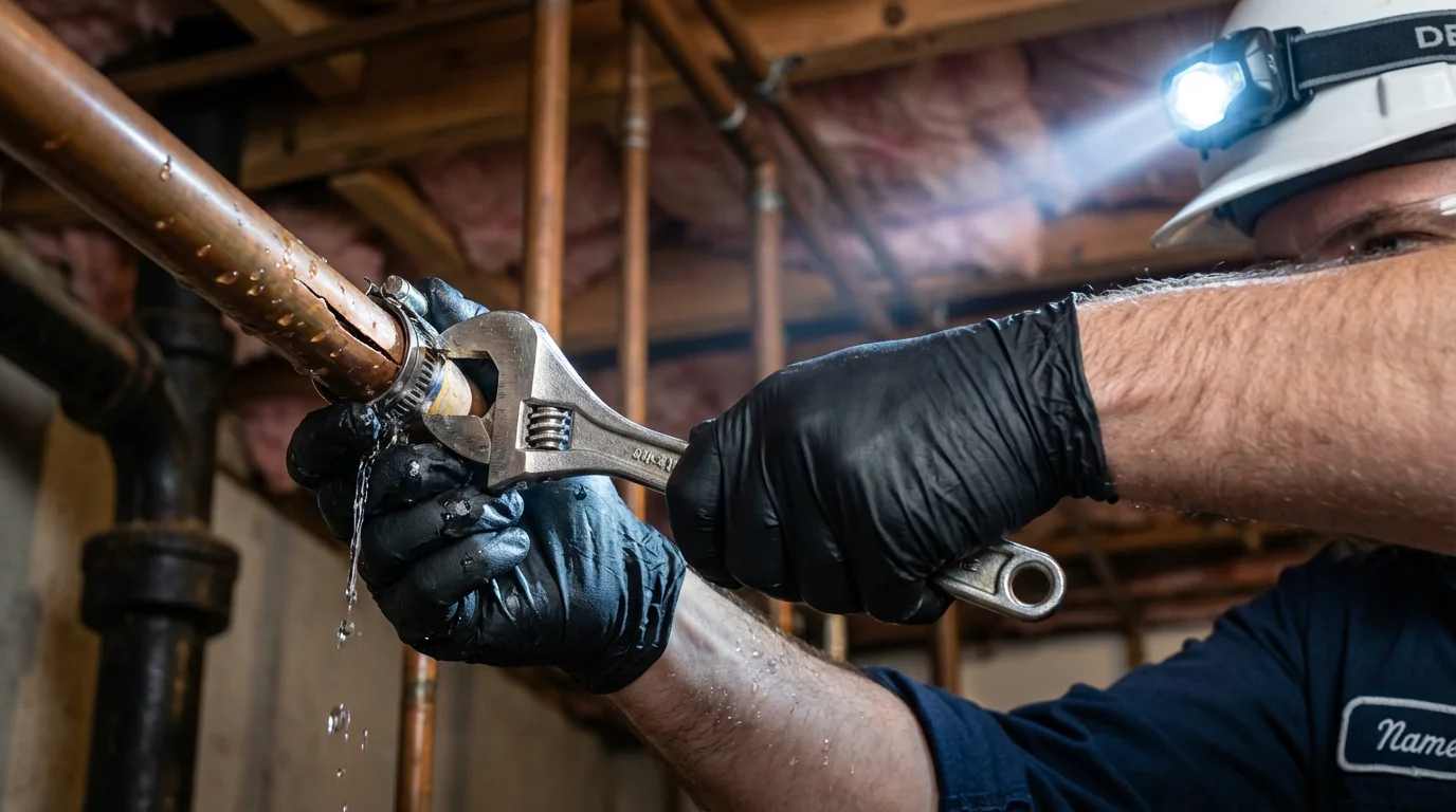 Emergency pipe clamp repair being performed by a Johns Plumbing LLC plumber in Glenrock