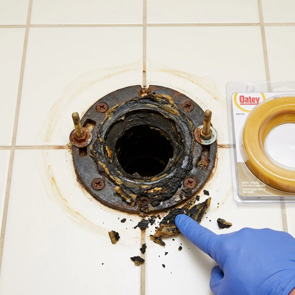 Failed wax ring showing water seepage at the base of a toilet in a Glenrock, WY home