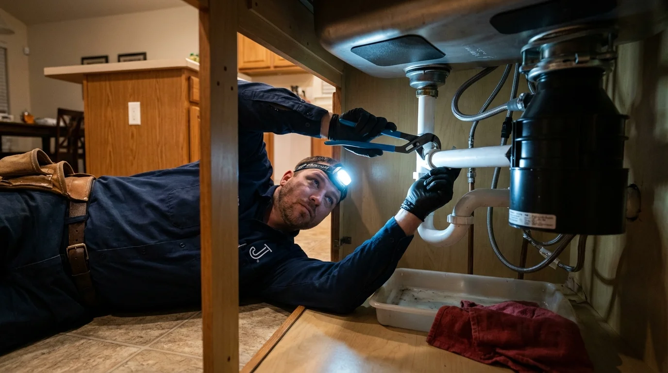 P-trap and supply line connections under a kitchen sink showing a common leak point in Glenrock, WY